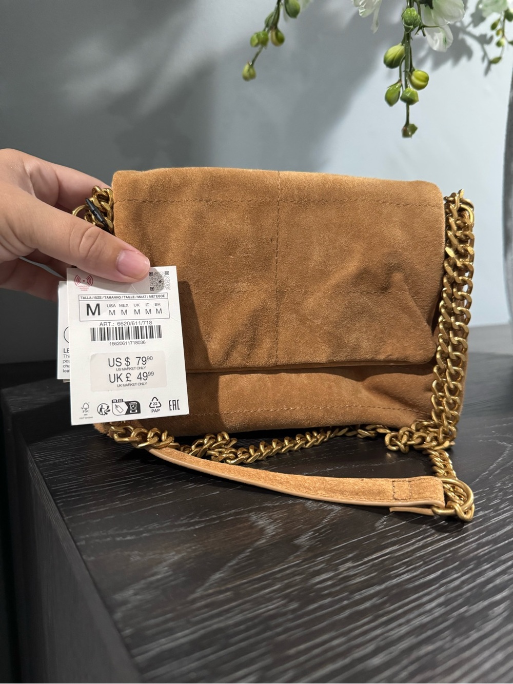 NWT Zara Tan Brown Suede Leather Gold Chain Shoulder Bag Crossbody